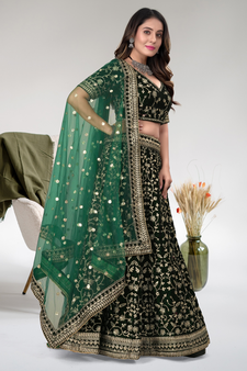 Green Cord Worked Velvet Semi Stitched Indian Wedding Lehenga Dress