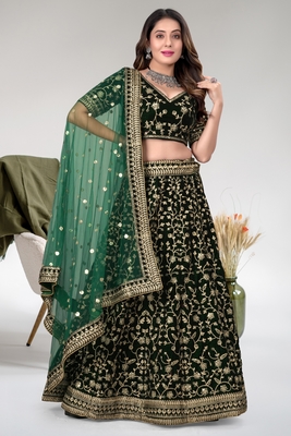 Green Cord Worked Velvet Semi Stitched Indian Wedding Lehenga Dress 4