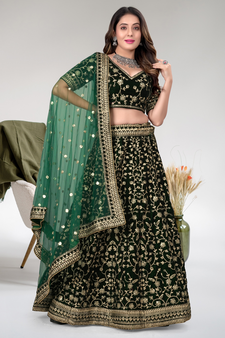 Green Cord Worked Velvet Semi Stitched Indian Wedding Lehenga Dress