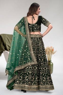Green Cord Worked Velvet Semi Stitched Indian Wedding Lehenga Dress 5