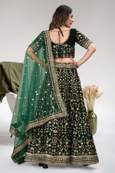 Green Cord Worked Velvet Semi Stitched Indian Wedding Lehenga Dress