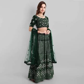 Green Thread Embroidered Georgette Semi Stitched Lehenga Choli For Bride 1