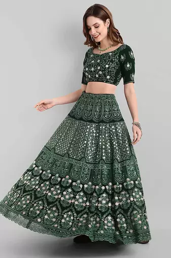 Green Thread Embroidered Georgette Semi Stitched Lehenga Choli For Bride