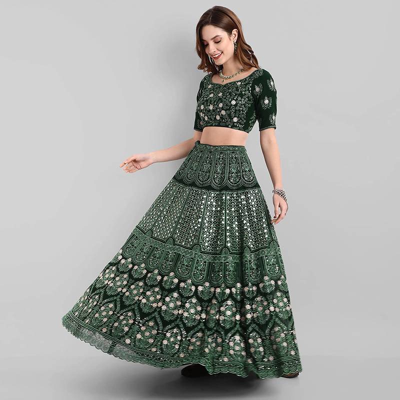 Green Thread Embroidered Georgette Semi Stitched Lehenga Choli For Bride