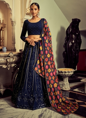 Navy Blue Colored Thread Embroidered Georgette Indian Wedding Lehenga Dress 1