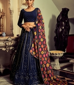 Navy Blue Colored Thread Embroidered Georgette Indian Wedding Lehenga Dress