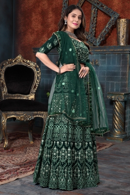 Green Thread Embroidered Georgette Semi Stitched Lehenga Choli For Bride 4