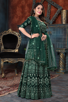 Green Thread Embroidered Georgette Semi Stitched Lehenga Choli For Bride
