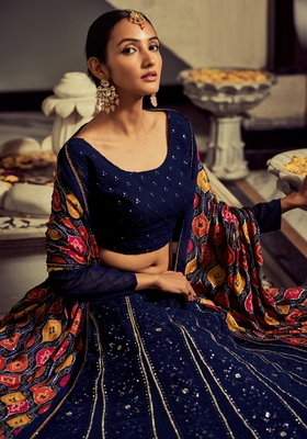 Navy Blue Colored Thread Embroidered Georgette Indian Wedding Lehenga Dress 2