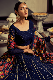 Navy Blue Colored Thread Embroidered Georgette Indian Wedding Lehenga Dress