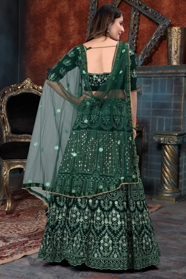Green Thread Embroidered Georgette Semi Stitched Lehenga Choli For Bride 5