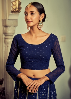 Navy Blue Colored Thread Embroidered Georgette Indian Wedding Lehenga Dress 3