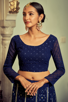 Navy Blue Colored Thread Embroidered Georgette Indian Wedding Lehenga Dress