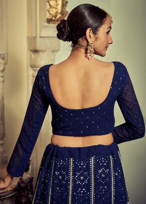 Navy Blue Colored Thread Embroidered Georgette Indian Wedding Lehenga Dress 4