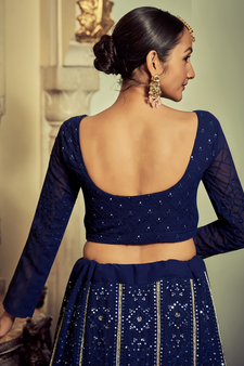 Navy Blue Colored Thread Embroidered Georgette Indian Wedding Lehenga Dress