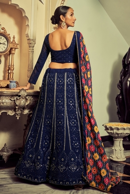 Navy Blue Colored Thread Embroidered Georgette Indian Wedding Lehenga Dress 5