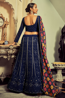 Navy Blue Colored Thread Embroidered Georgette Indian Wedding Lehenga Dress