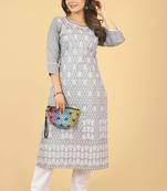 Seamore Cotton Slub Grey Printed For Women Stitched Kurta Set