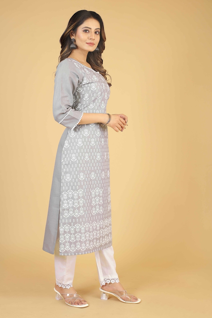 Seamore Cotton Slub Grey Printed For Women Stitched Kurta Set