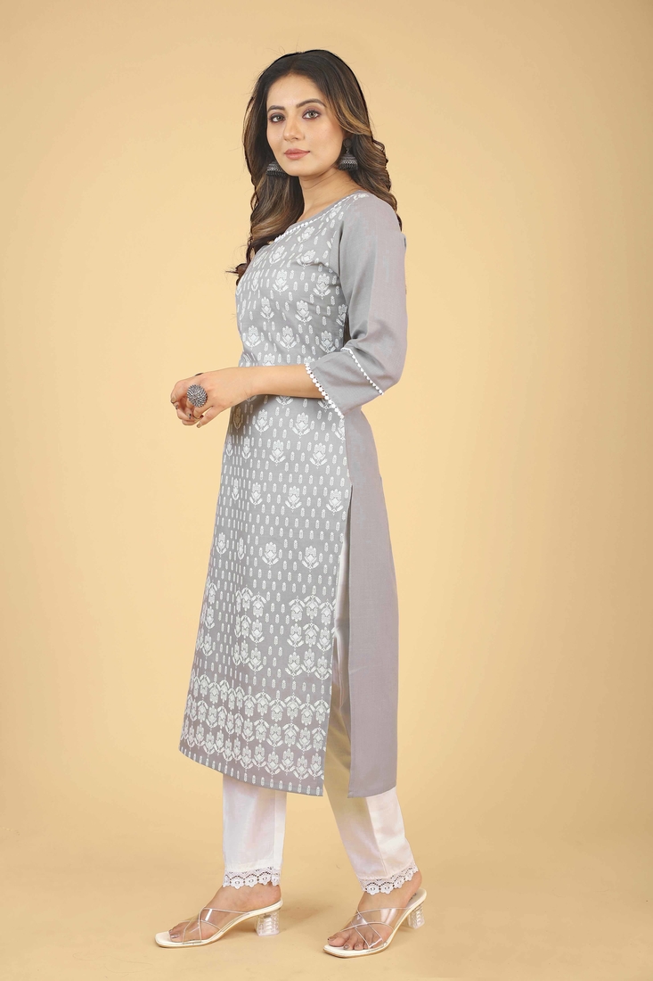 Seamore Cotton Slub Grey Printed For Women Stitched Kurta Set