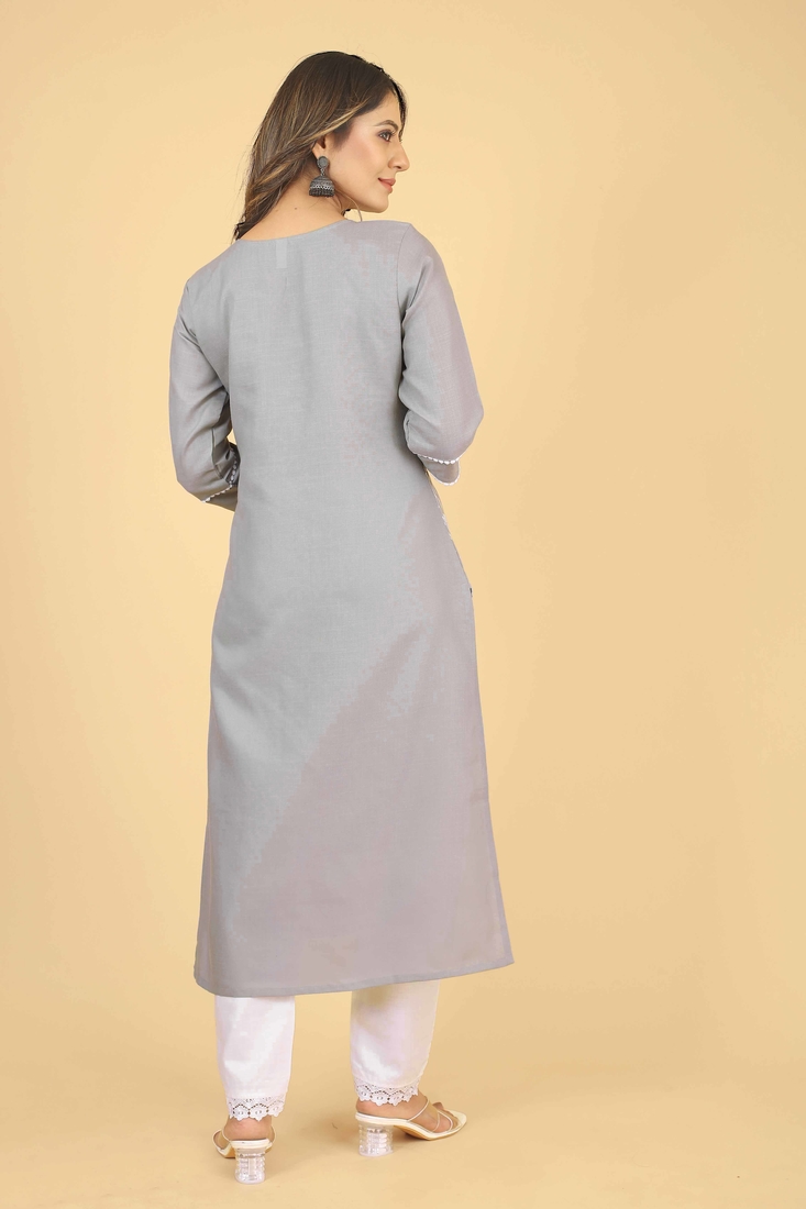 Seamore Cotton Slub Grey Printed For Women Stitched Kurta Set