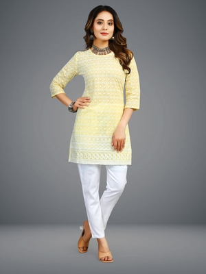 Seamore Cotton Yellow Embroidery Chikankari For Women Stitched Kurta 1