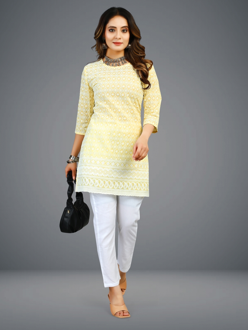 Seamore Cotton Yellow Embroidery Chikankari For Women Stitched Kurta