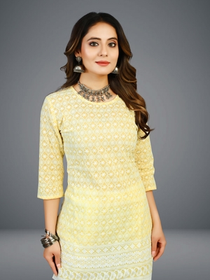 Seamore Cotton Yellow Embroidery Chikankari For Women Stitched Kurta 4