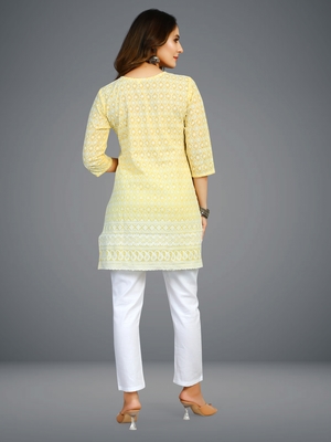 Seamore Cotton Yellow Embroidery Chikankari For Women Stitched Kurta 5