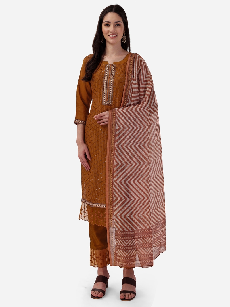 Seamore Pure Viscose Brown Embroidery For Women Stitched Kurta Set