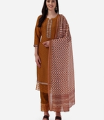 Seamore Pure Viscose Brown Embroidery For Women Stitched Kurta Set