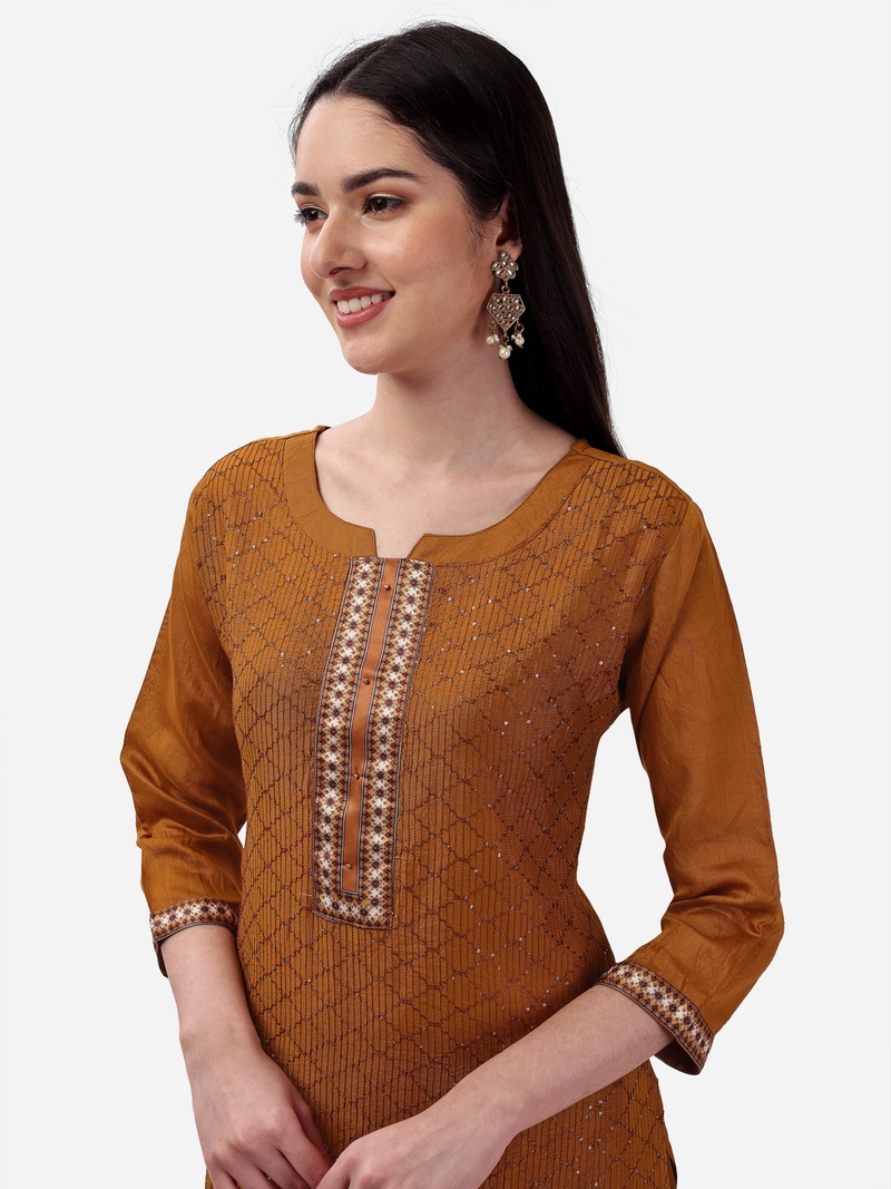 Seamore Pure Viscose Brown Embroidery For Women Stitched Kurta Set