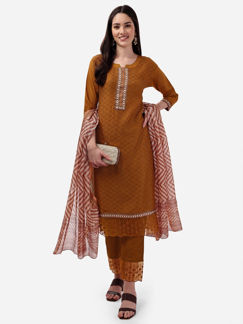 Seamore Pure Viscose Brown Embroidery For Women Stitched Kurta Set