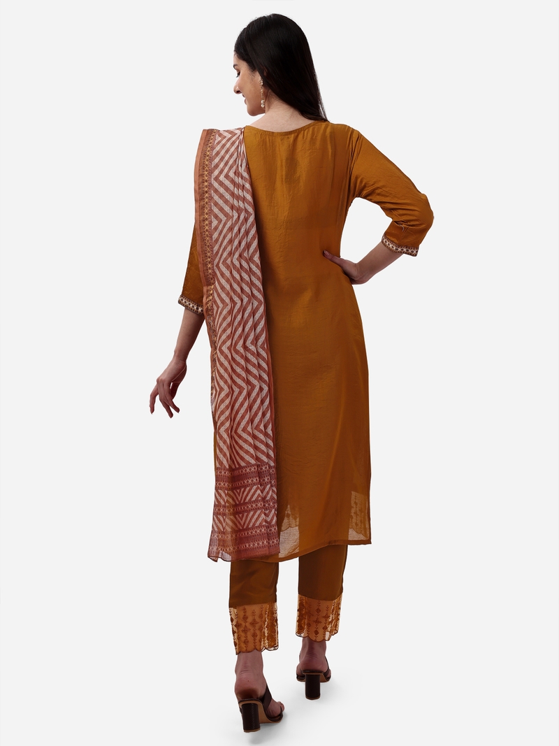 Seamore Pure Viscose Brown Embroidery For Women Stitched Kurta Set