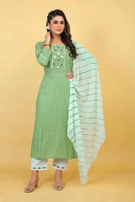 Seamore Rayon Viscose Light Green Mirror Work For Women Stitched Kurta Set 1
