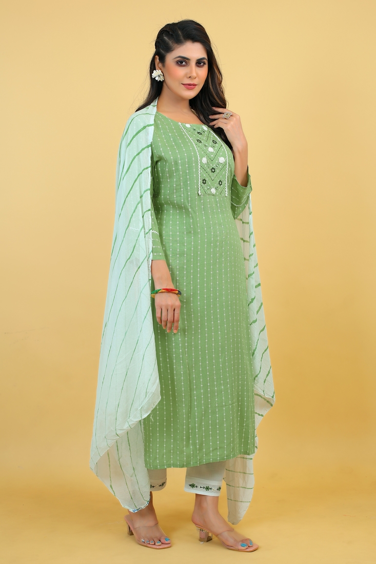 Seamore Rayon Viscose Light Green Mirror Work For Women Stitched Kurta Set