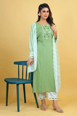 Seamore Rayon Viscose Light Green Mirror Work For Women Stitched Kurta Set 3
