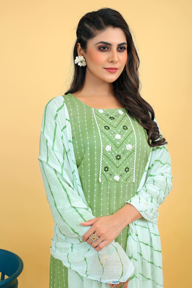 Seamore Rayon Viscose Light Green Mirror Work For Women Stitched Kurta Set