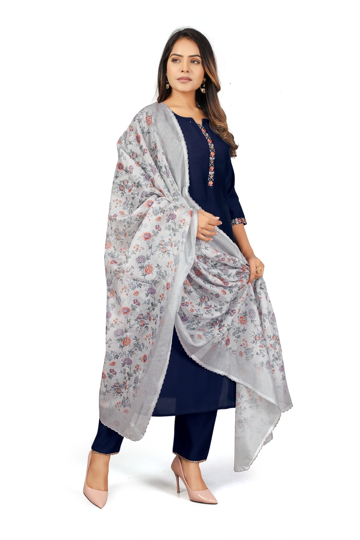Seamore Pure Viscose Nevy Blue Embroidery For Women Stitched Kurta Set