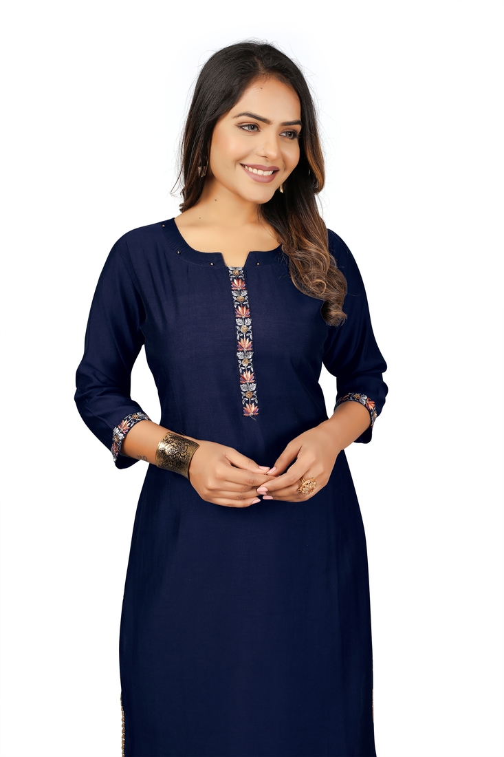 Seamore Pure Viscose Nevy Blue Embroidery For Women Stitched Kurta Set