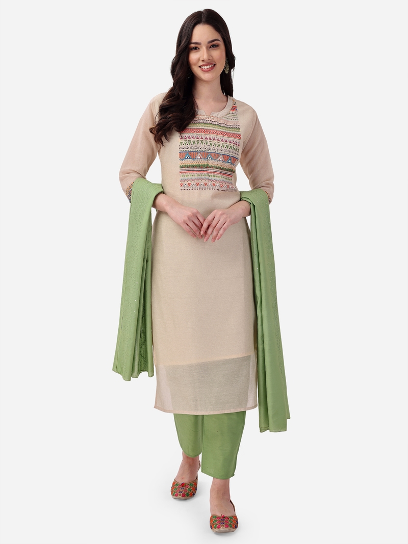 Seamore Chanderi Cream Mirror Work For Women Stitched Kurta Set