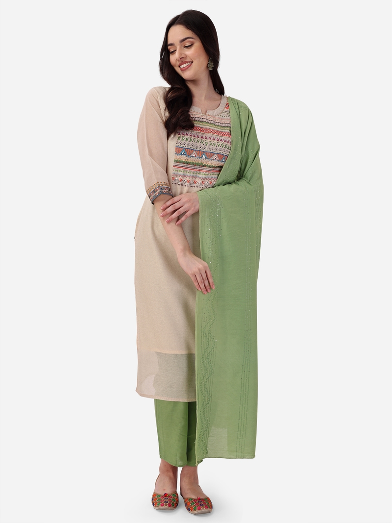 Seamore Chanderi Cream Mirror Work For Women Stitched Kurta Set