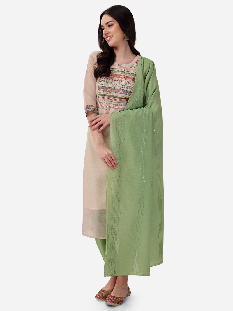 Seamore Chanderi Cream Mirror Work For Women Stitched Kurta Set