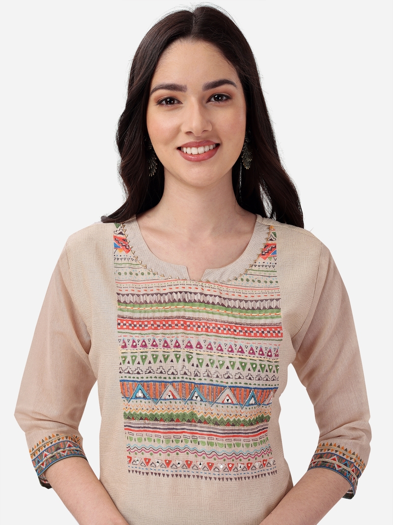 Seamore Chanderi Cream Mirror Work For Women Stitched Kurta Set