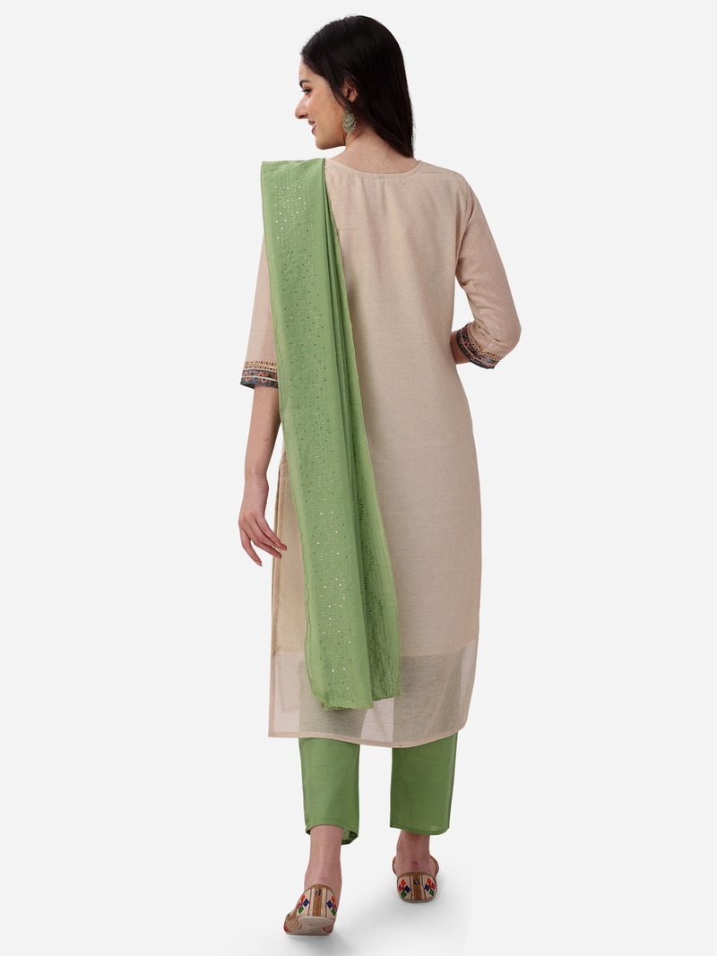 Seamore Chanderi Cream Mirror Work For Women Stitched Kurta Set