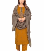 Seamore Rayon Slub Mustard Embroidery For Women Stitched Kurta Set