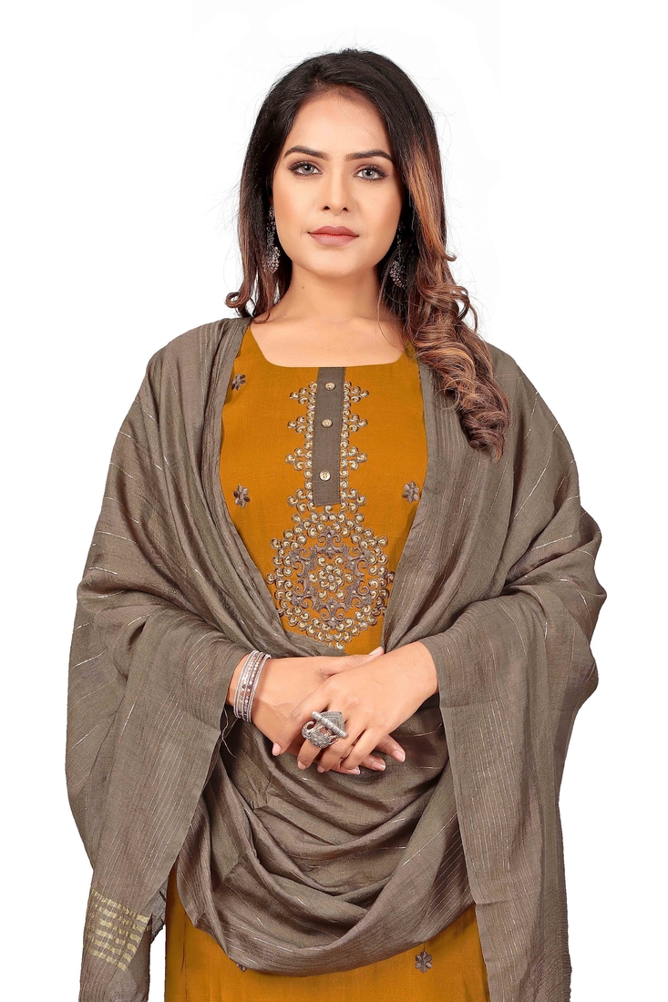Seamore Rayon Slub Mustard Embroidery For Women Stitched Kurta Set