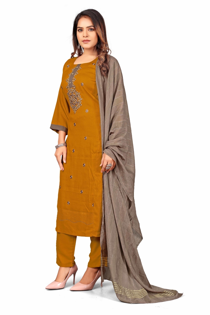 Seamore Rayon Slub Mustard Embroidery For Women Stitched Kurta Set