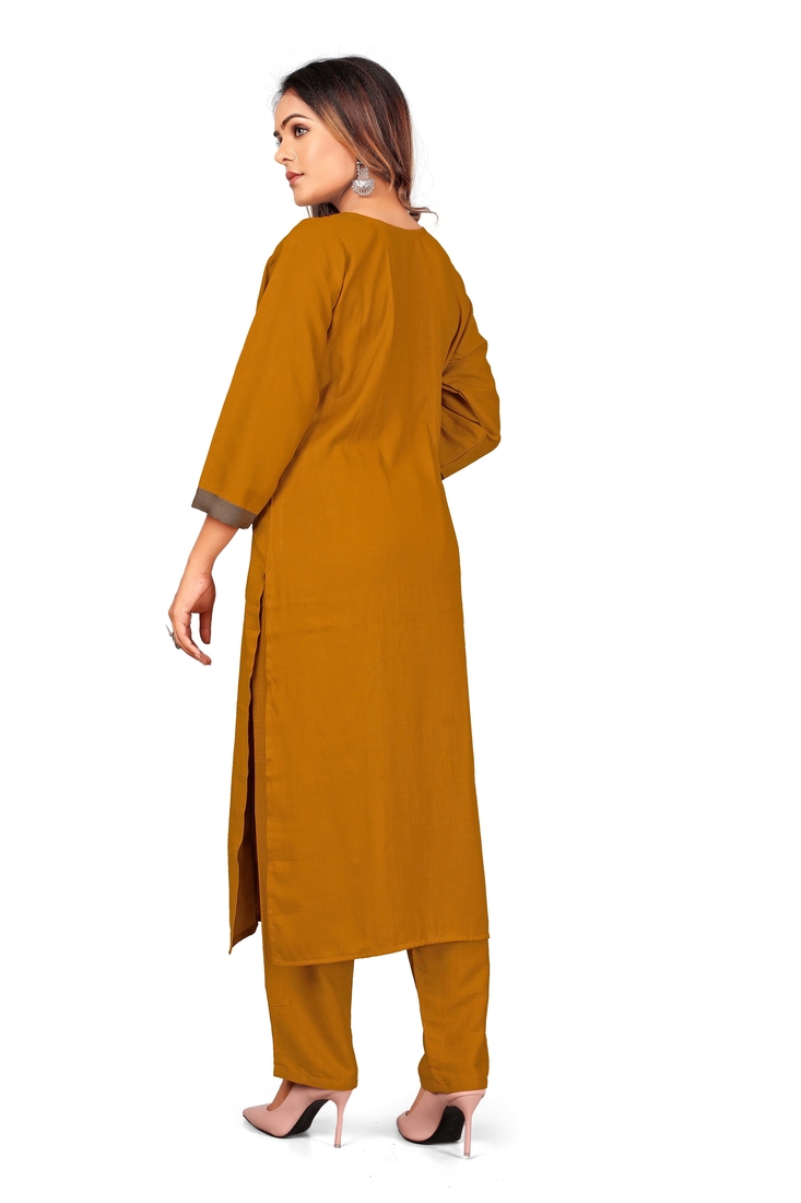 Seamore Rayon Slub Mustard Embroidery For Women Stitched Kurta Set