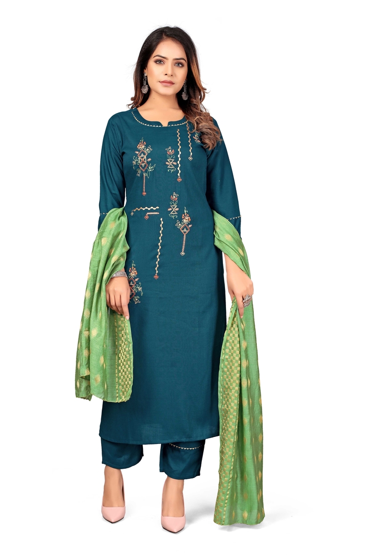Seamore Rayon Slub Indigo Embroidery For Women Stitched Kurta Set